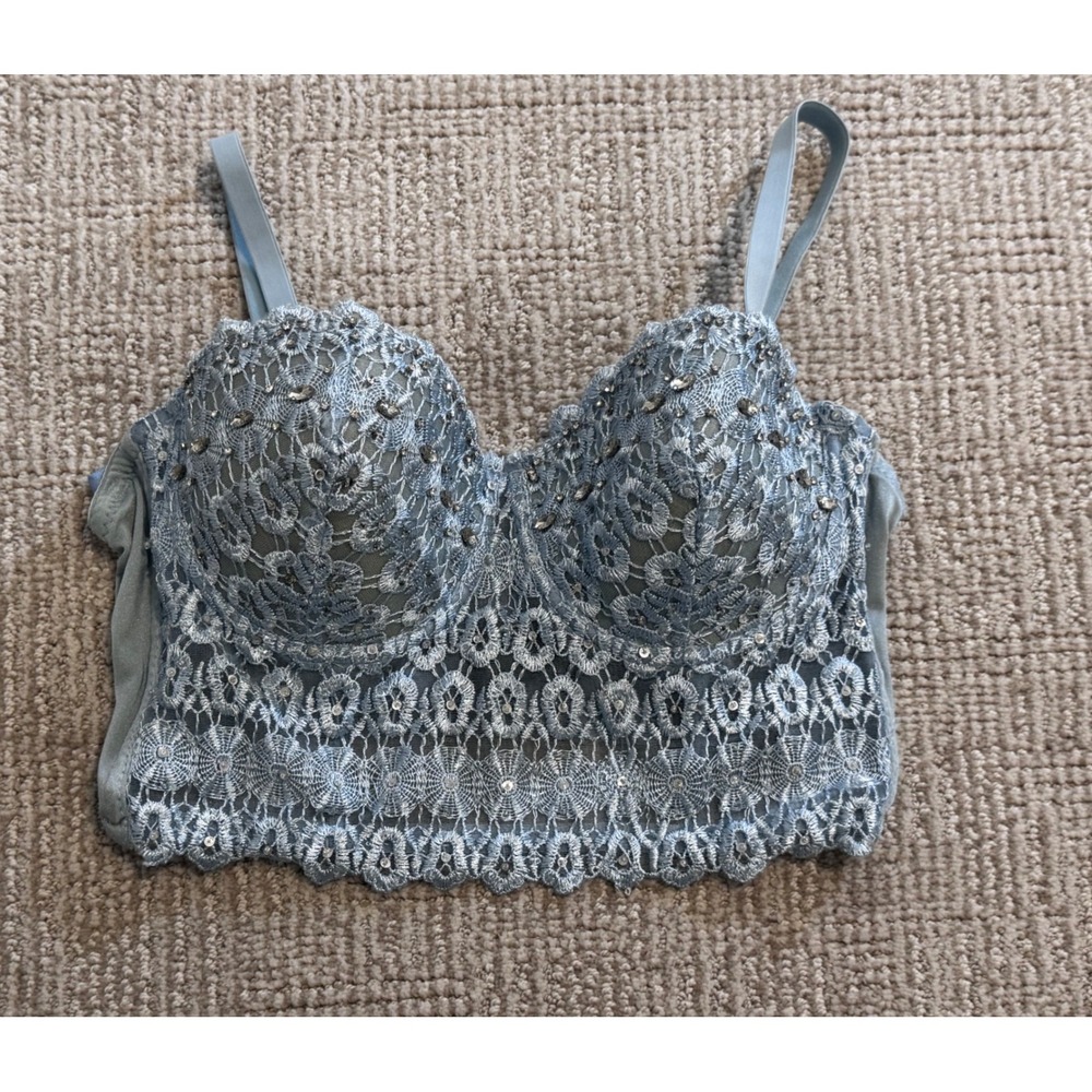 Windsor Blue Lace Rhinestone Bustier Crop Top Small Corset Festival Party